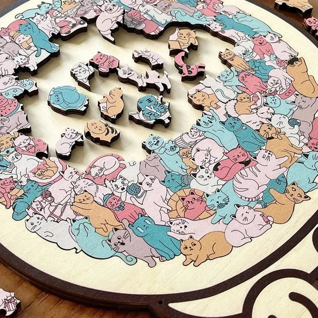 135-Piece Morandi-Colored Cat Shaped Wooden Jigsaw Puzzle