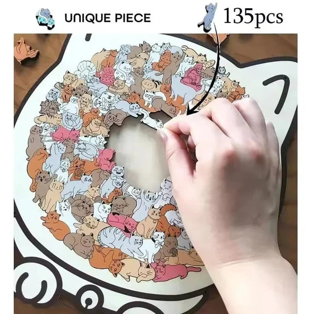 135-Piece Morandi-Colored Cat Shaped Wooden Jigsaw Puzzle