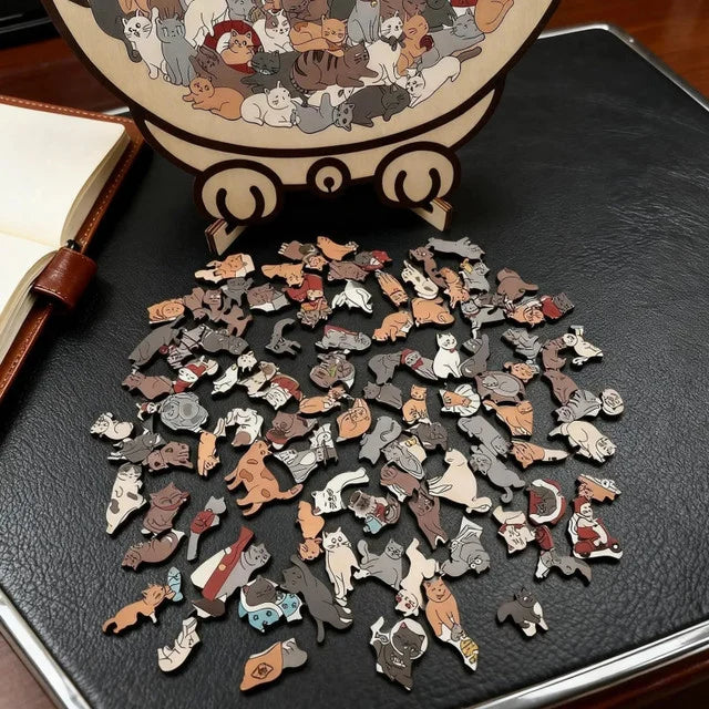 135-Piece Morandi-Colored Cat Shaped Wooden Jigsaw Puzzle