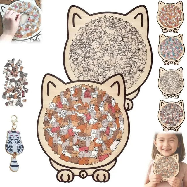 135-Piece Morandi-Colored Cat Shaped Wooden Jigsaw Puzzle
