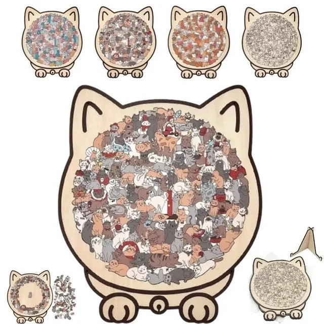 135-Piece Morandi-Colored Cat Shaped Wooden Jigsaw Puzzle