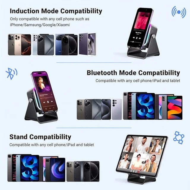🔥5-in-1 Wireless Induction Speaker Stand – 360° Adjustable, 3500mAh Power Bank & Ambient Light