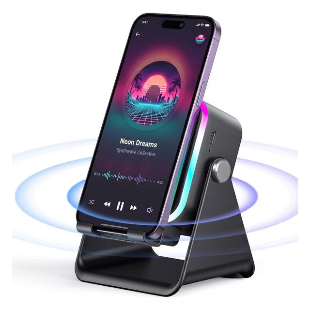 🔥5-in-1 Wireless Induction Speaker Stand – 360° Adjustable, 3500mAh Power Bank & Ambient Light