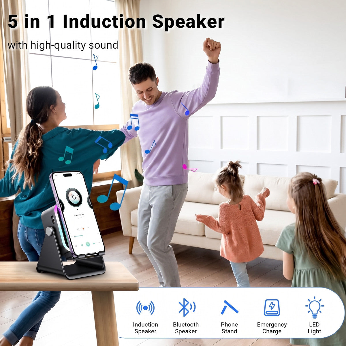 🔥5-in-1 Wireless Induction Speaker Stand – 360° Adjustable, 3500mAh Power Bank & Ambient Light